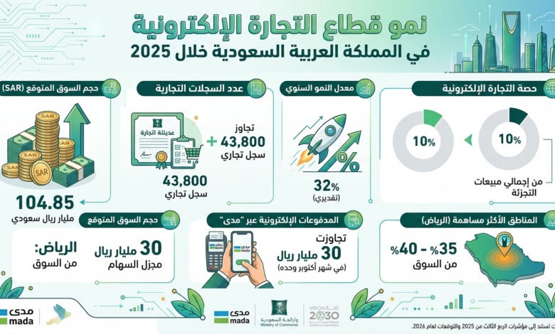 إنفوغراف نمو قطاع التجارة الإلكترونية في السعودية خلال 2025